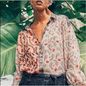 Free People Dani Light Combo Button Down Paisley Floral Print Oversized Top NWT